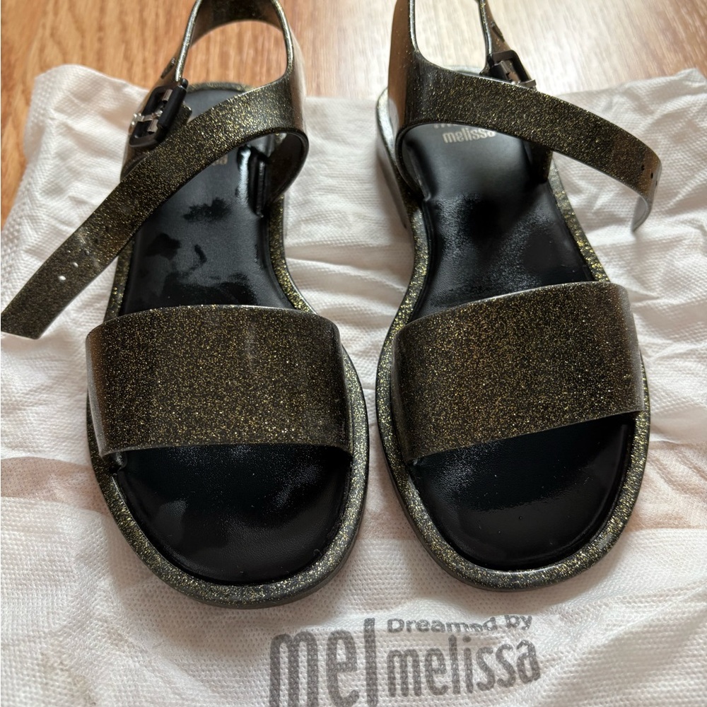 Mini Melissa Black and Gold Sandals with Glittery Finish